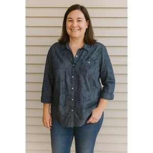 Karen Scott Women Size Large Denim Floral Button Down 3/4 Sleeve Collar Shirt